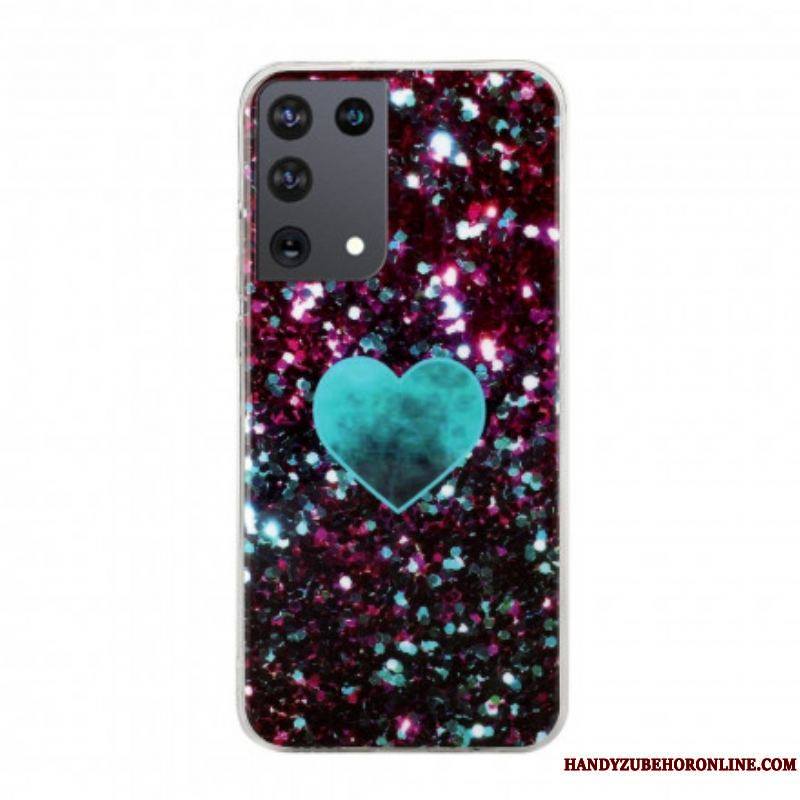 Coque Samsung Galaxy S21 Ultra 5G Coeur Marbre Paillettes