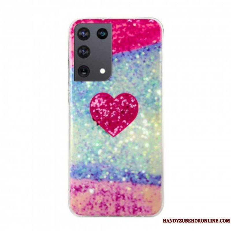 Coque Samsung Galaxy S21 Ultra 5G Coeur Marbre Paillettes