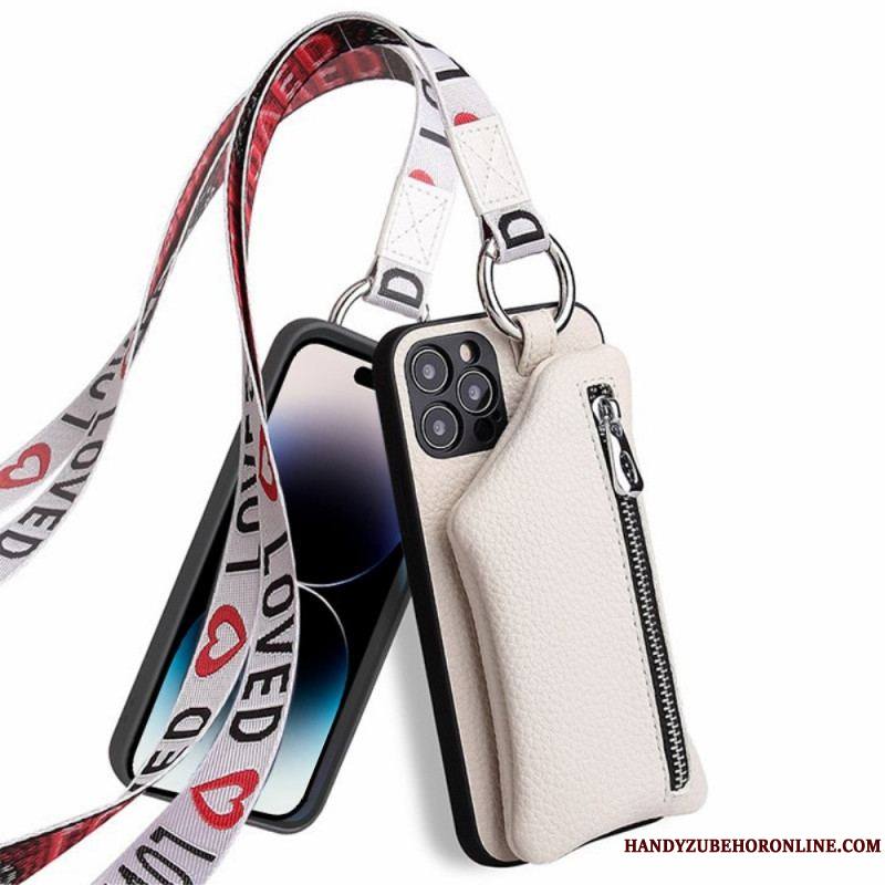 Coque iPhone 14 Pro Max Porte Monnaie et Lanière