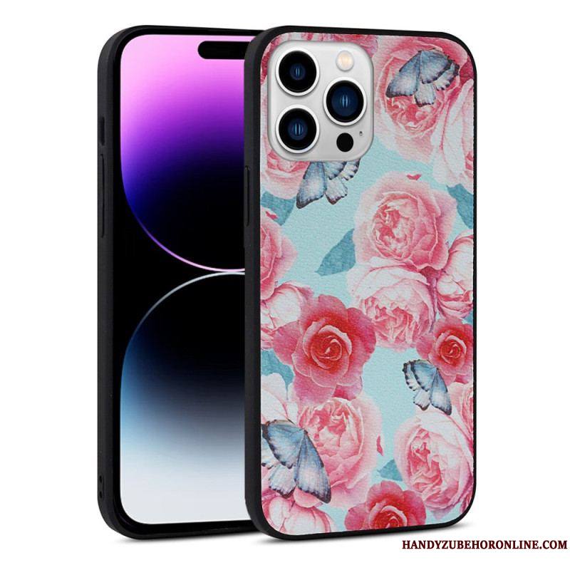 Coque iPhone 14 Pro Simili Cuir Florale