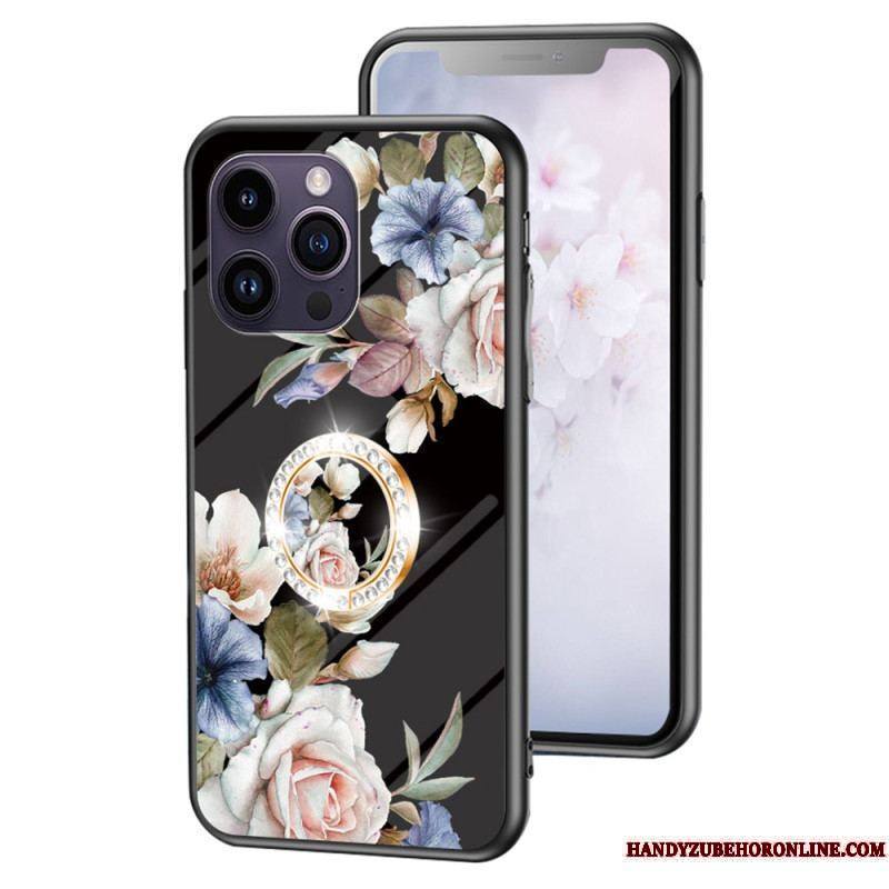 Coque iPhone 15 Pro Max Verre Trempé Floral avec Anneau-Support