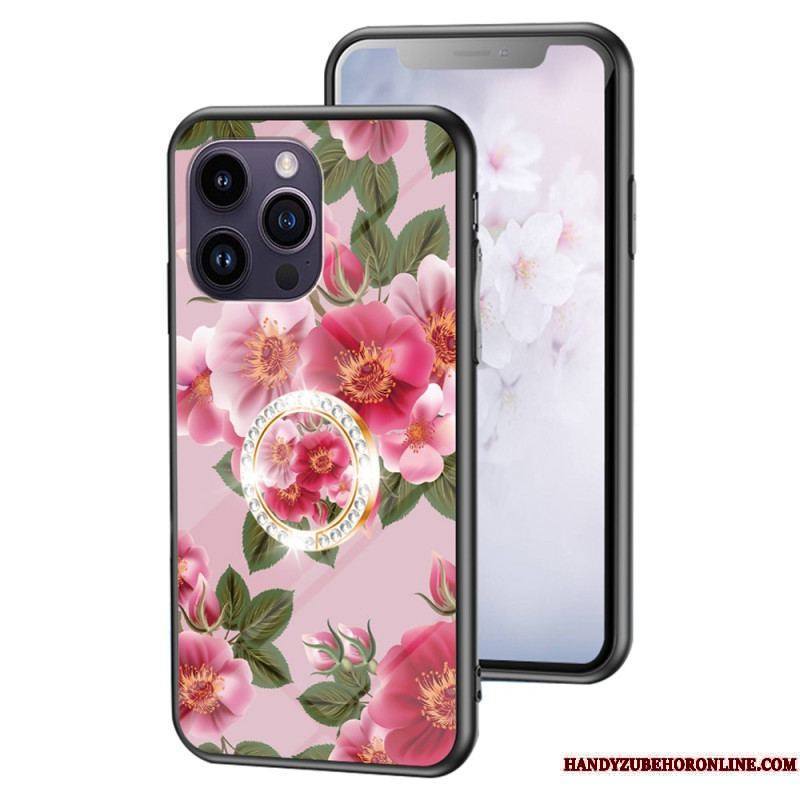 Coque iPhone 15 Pro Max Verre Trempé Floral avec Anneau-Support