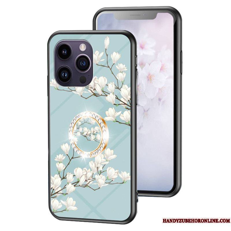 Coque iPhone 15 Pro Max Verre Trempé Floral avec Anneau-Support