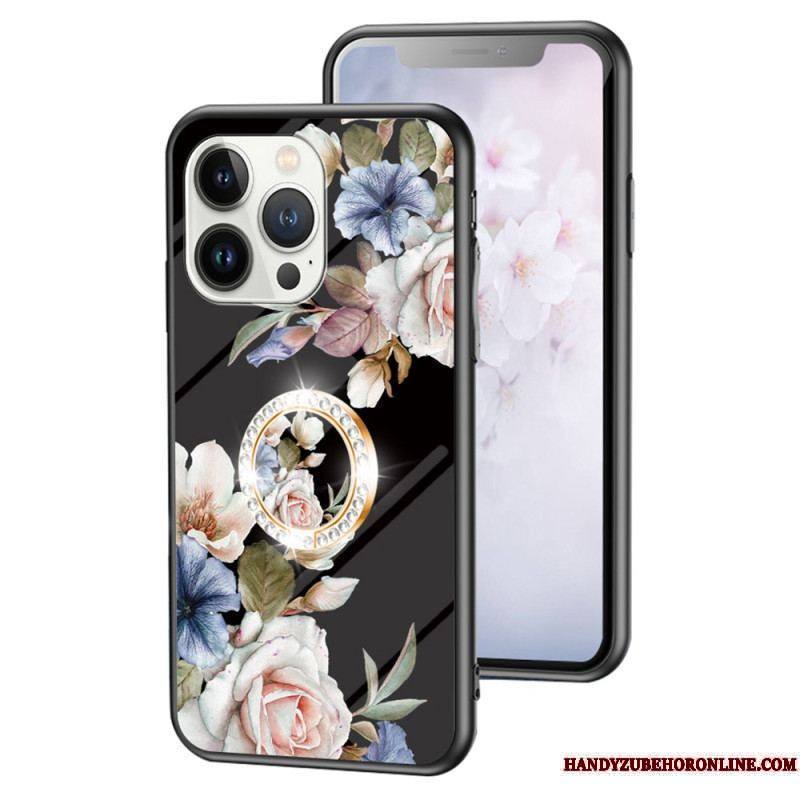 Coque iPhone 15 Pro Verre Trempé Floral avec Anneau-Support