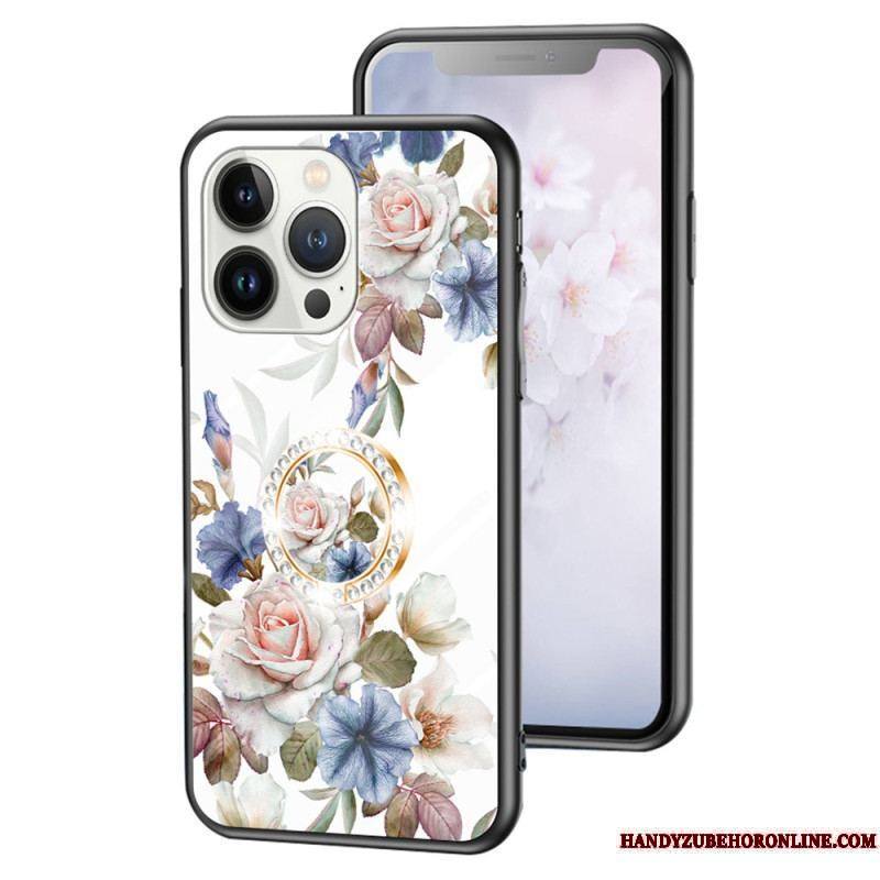 Coque iPhone 15 Pro Verre Trempé Floral avec Anneau-Support