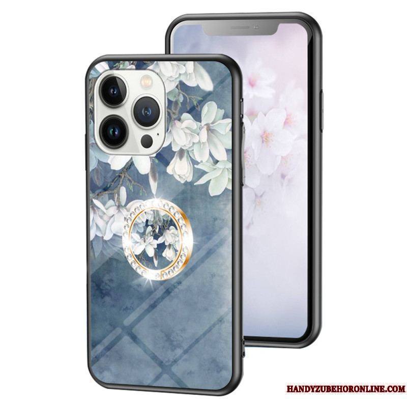 Coque iPhone 15 Pro Verre Trempé Floral avec Anneau-Support