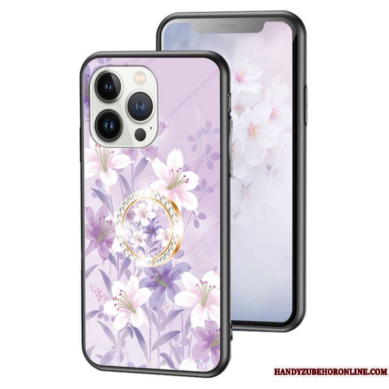 Coque iPhone 15 Pro Verre Trempé Floral avec Anneau-Support