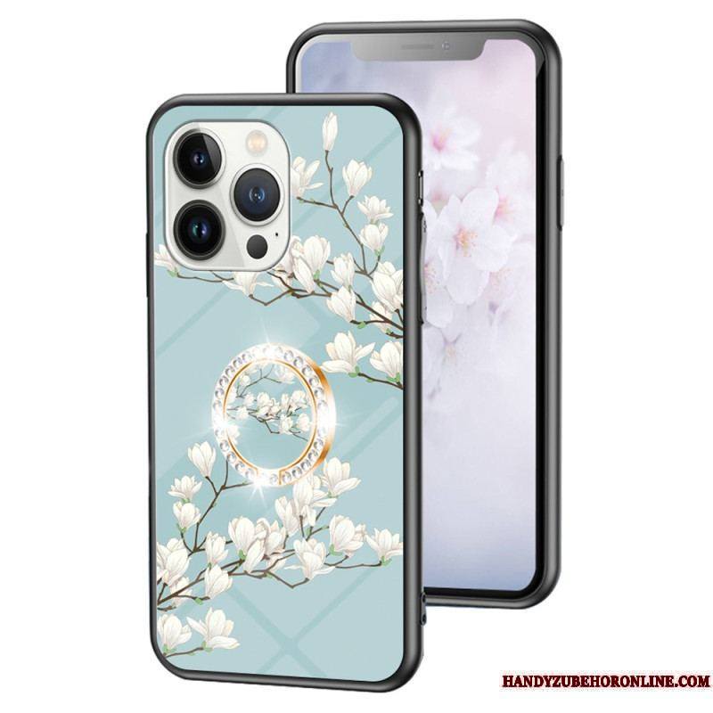 Coque iPhone 15 Pro Verre Trempé Floral avec Anneau-Support