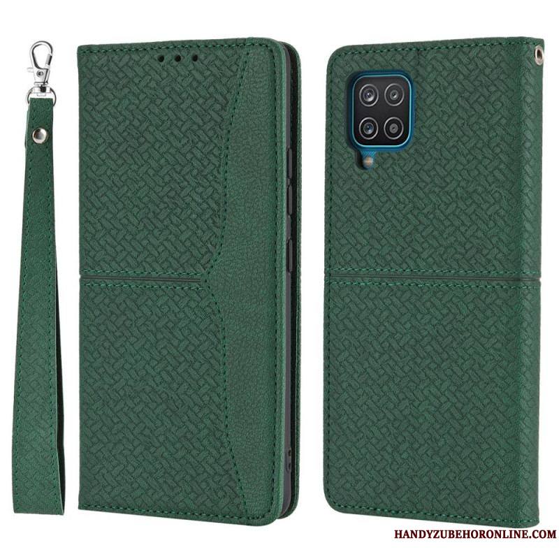 Flip Cover Samsung Galaxy A12 / M12 Style Cuir Tissée à Lanière