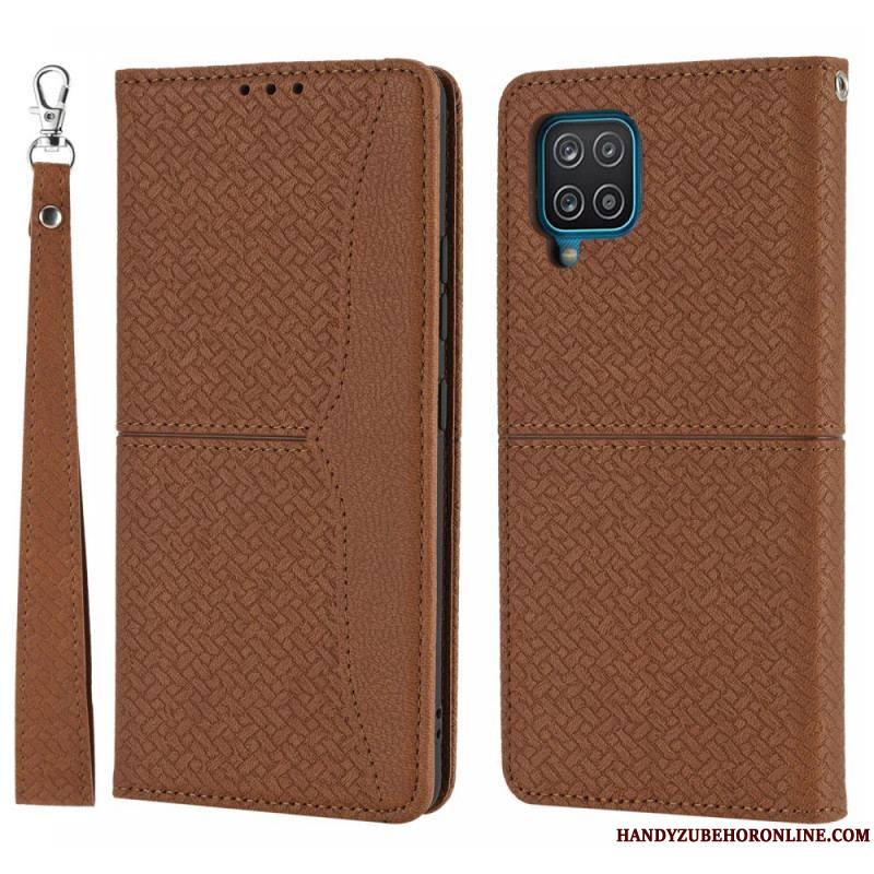 Flip Cover Samsung Galaxy A12 / M12 Style Cuir Tissée à Lanière