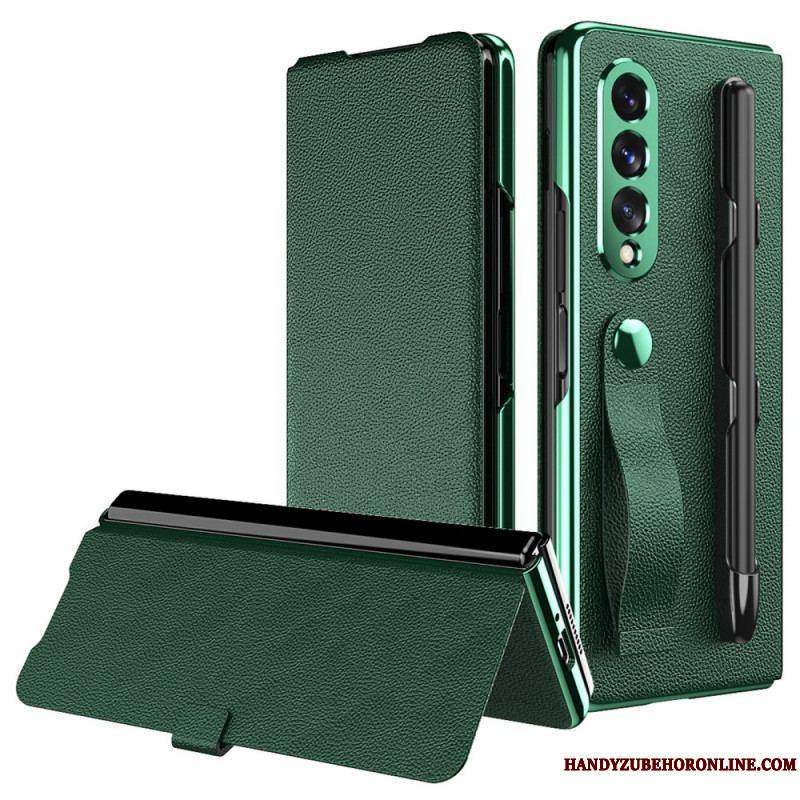 Flip Cover Samsung Galaxy Z Fold 3 5G Style Cuir Litchi Porte-Stylet et Sangle