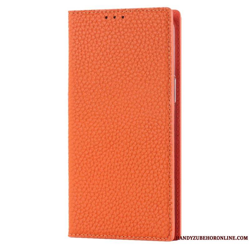 Flip Cover iPhone 14 Cuir Litchi Véritable à Lanière