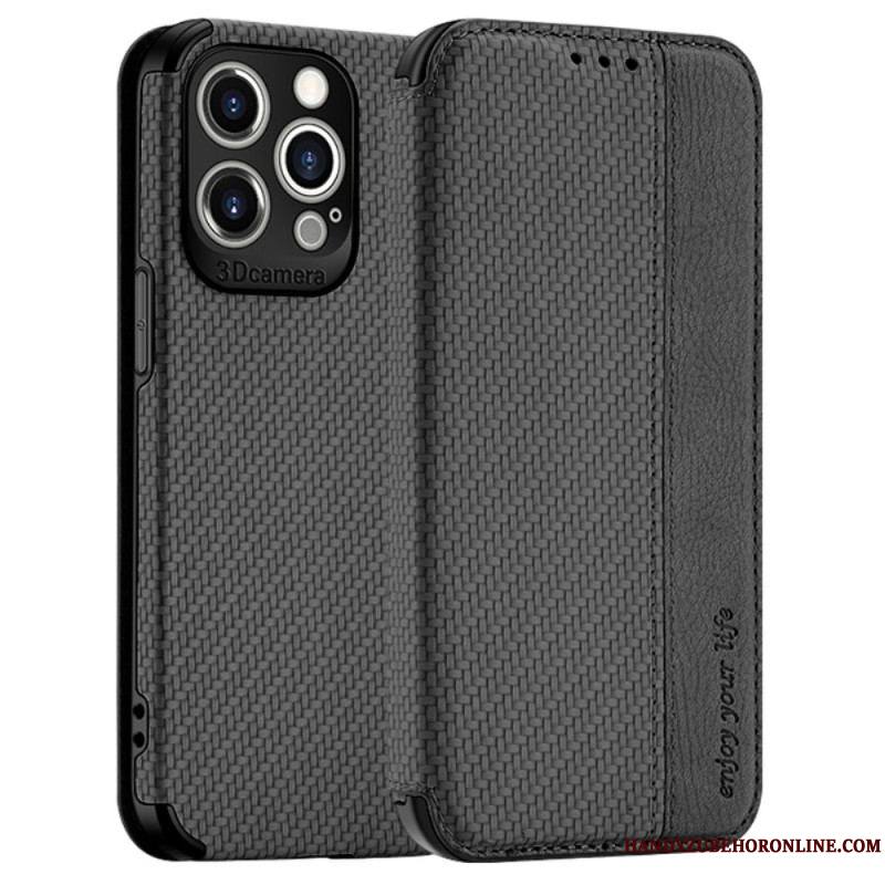 Flip Cover iPhone 14 Pro Fibre Carbone Fermoir Ventouse