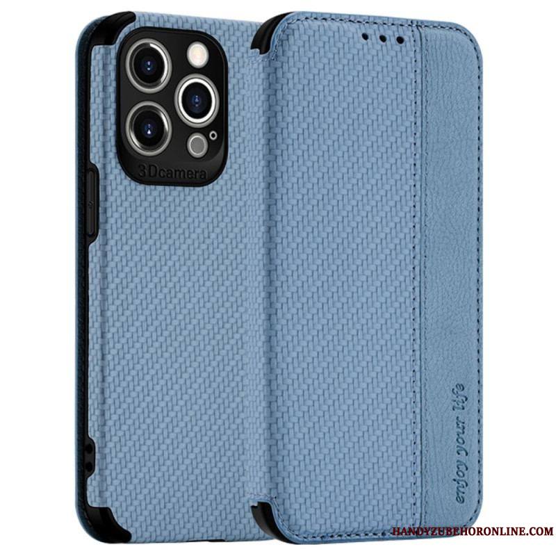 Flip Cover iPhone 14 Pro Fibre Carbone Fermoir Ventouse