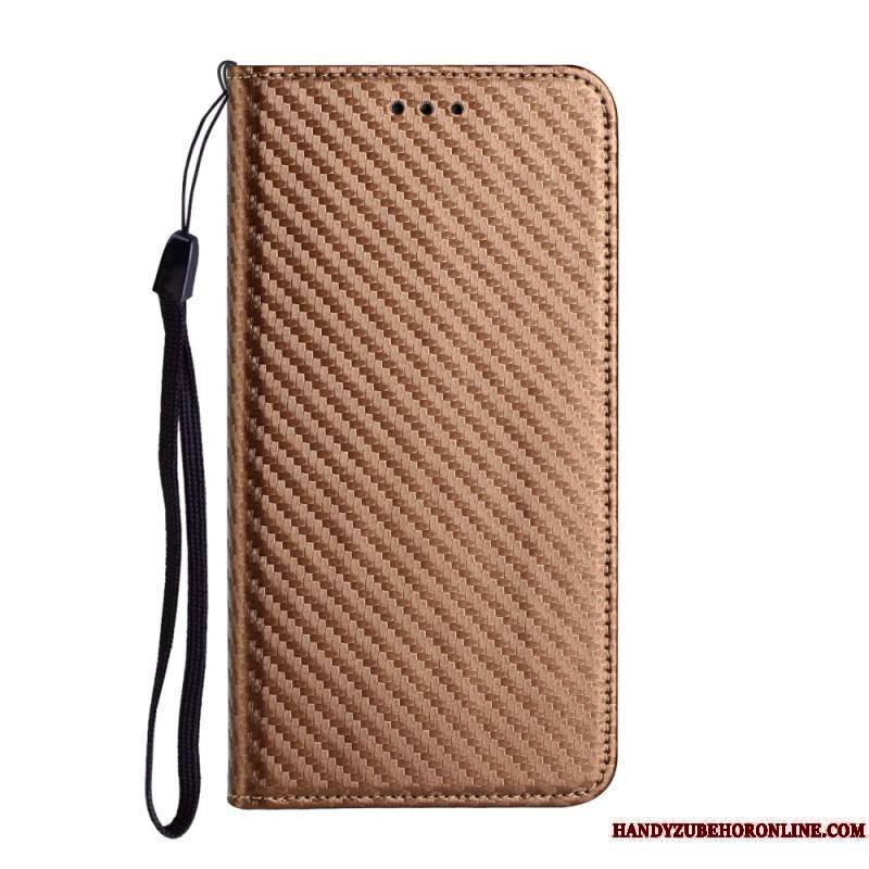 Flip Cover iPhone 15 Plus Fibre Carbone à Lanière