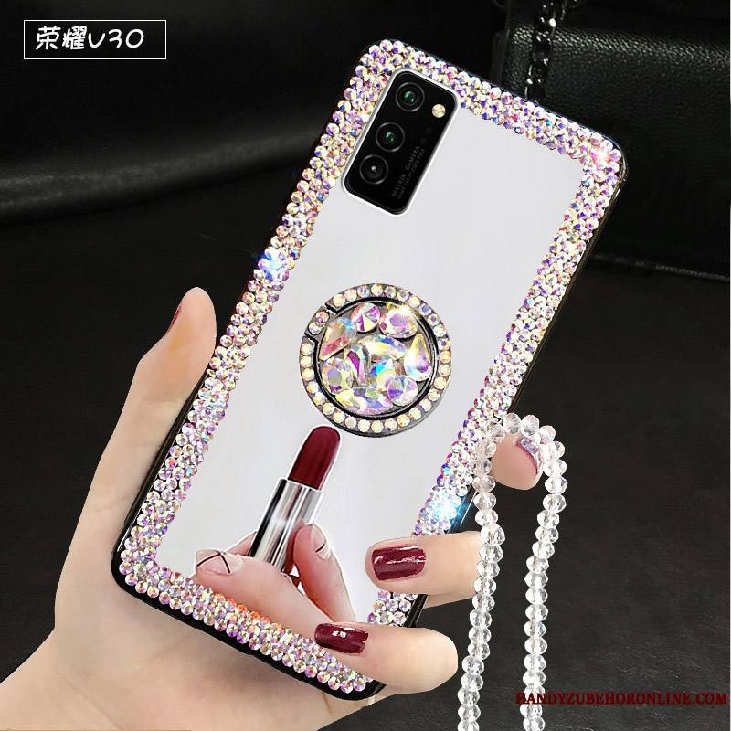 Honor View30 Net Rouge Luxe Coque De Téléphone Blanc Incruster Strass Tendance Étui