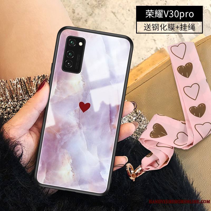 Honor View30 Pro Tout Compris Silicone Personnalité Étui Verre Coque De Téléphone Rose