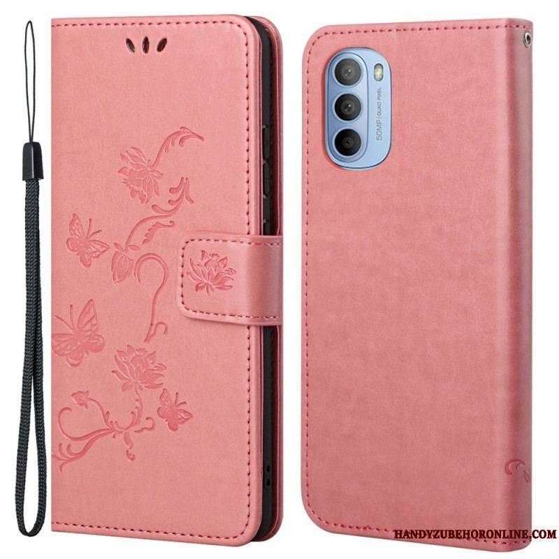 Housse Moto G41 / G31 Papillons et Fleurs à Lanière