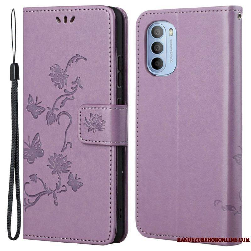 Housse Moto G41 / G31 Papillons et Fleurs à Lanière