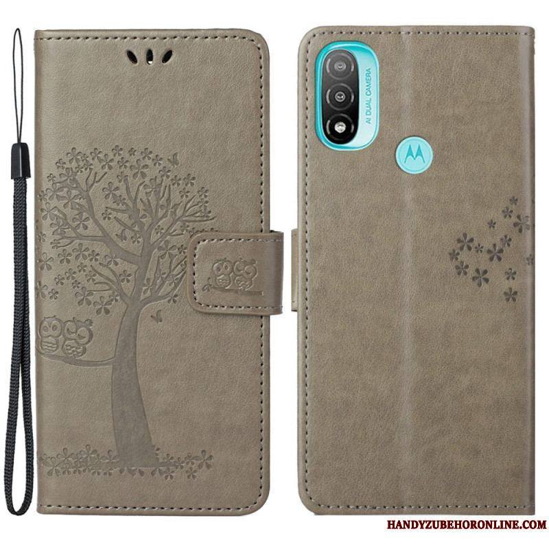 Housse Moto G71 5G Arbre et Hiboux à Lanière