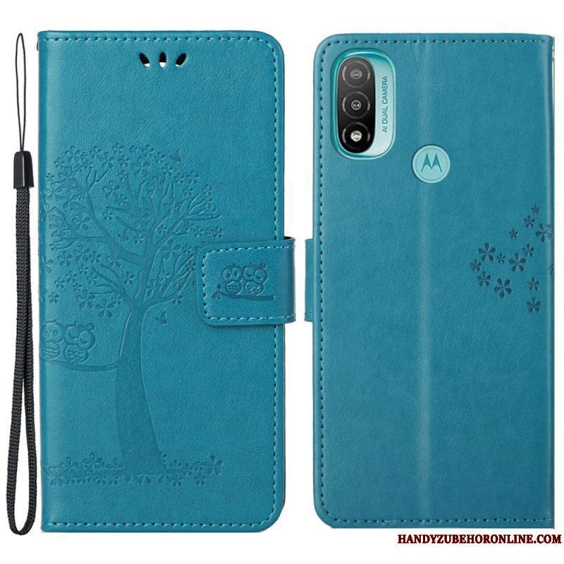 Housse Moto G71 5G Arbre et Hiboux à Lanière