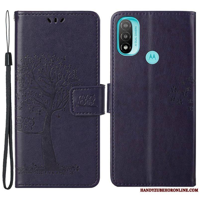 Housse Moto G71 5G Arbre et Hiboux à Lanière