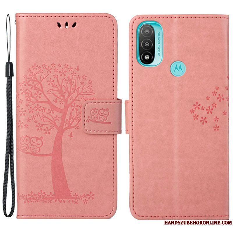 Housse Moto G71 5G Arbre et Hiboux à Lanière