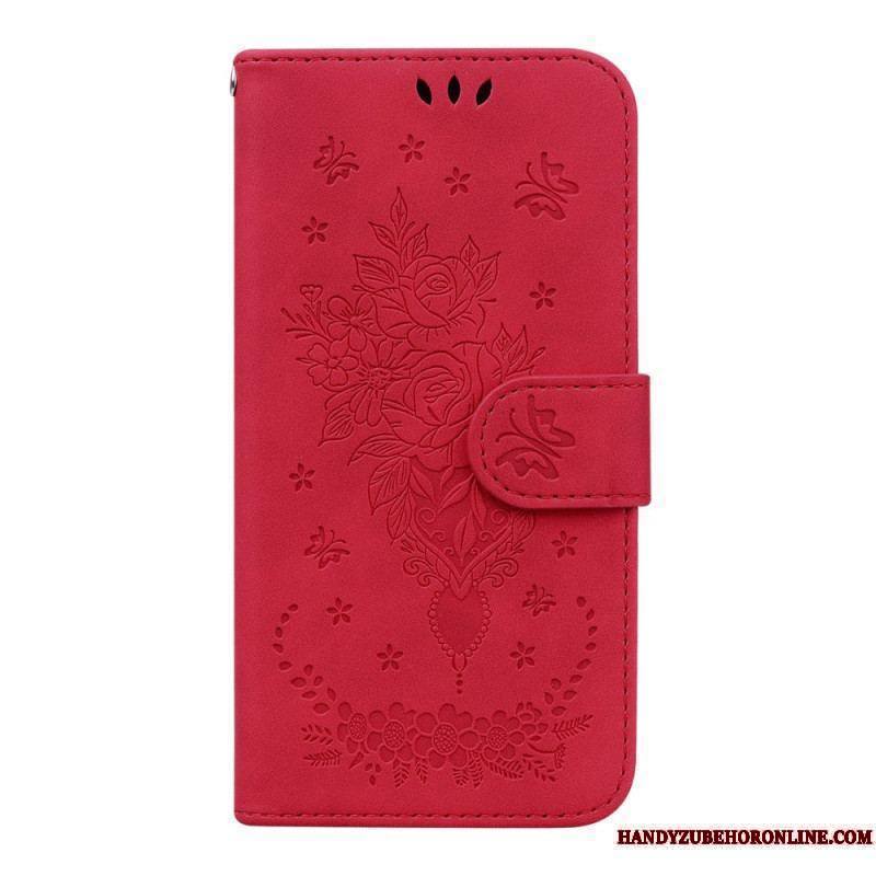 Housse Samsung Galaxy A14 5G / A14 Roses et Papillons à Lanière