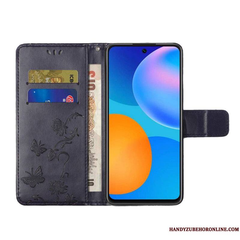 Housse Samsung Galaxy M52 5G Papillons et Fleurs à Lanière