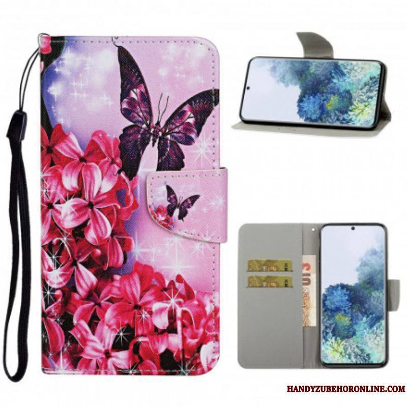 Housse Samsung Galaxy S21 Ultra 5G Papillons Floraux Lanière