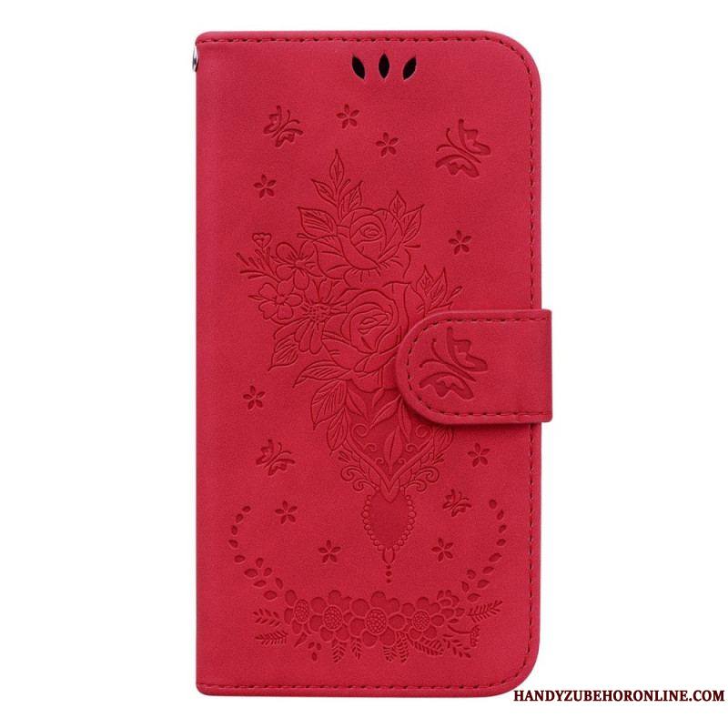 Housse Samsung Galaxy S23 5G Roses et Papillons à Lanière