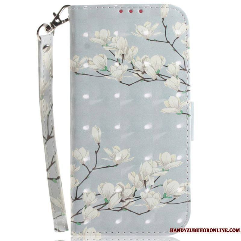 Housse Xiaomi 13 Fleurs Blanches à Lanière