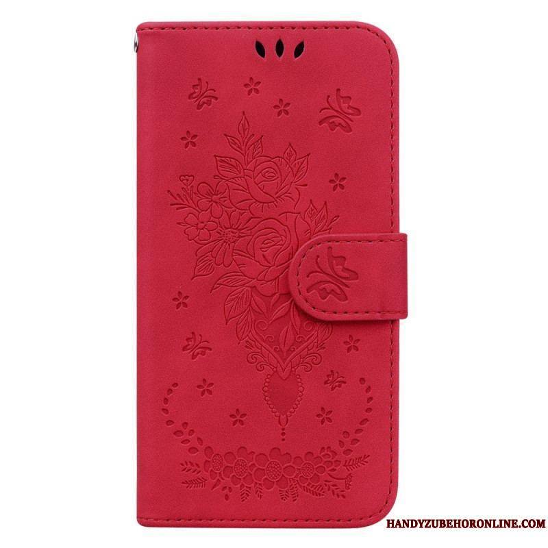 Housse Xiaomi Redmi Note 12 4G Roses et Papillons à Lanière