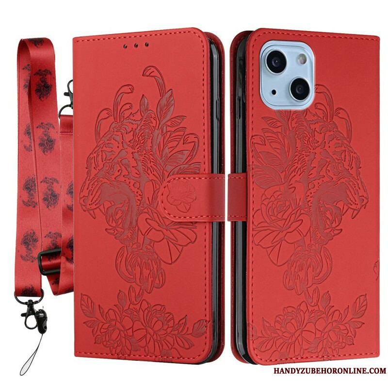 Housse iPhone 13 Mini Tigre Baroque à Lanière