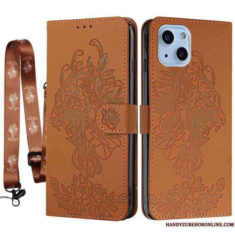 Housse iPhone 13 Mini Tigre Baroque à Lanière