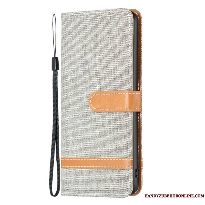 Housse iPhone 14 Tissu et Effet Cuir à Lanière