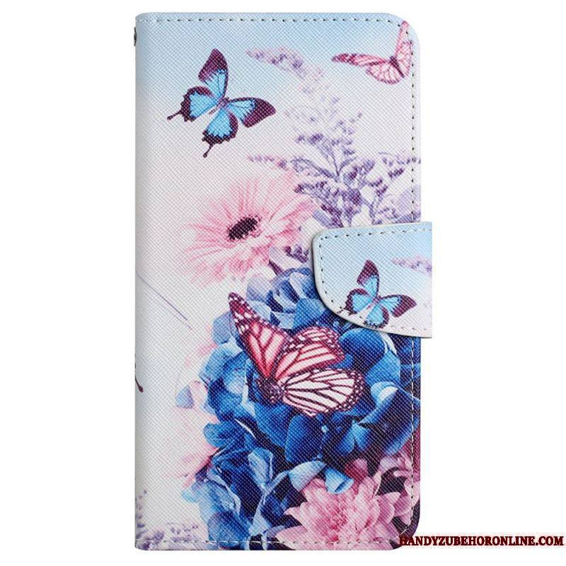 Housse iPhone 15 Papillons et Fleurs à Lanière