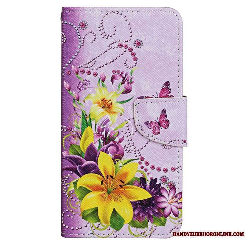 Housse iPhone 15 Papillons et Fleurs à Lanière