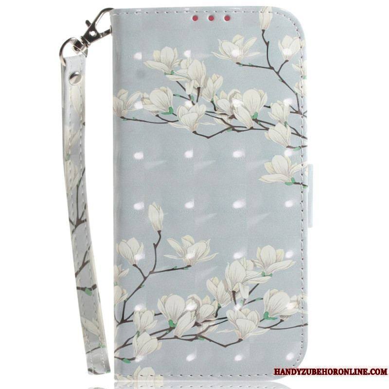 Housse iPhone 15 Plus Fleurs Blanches à Lanière