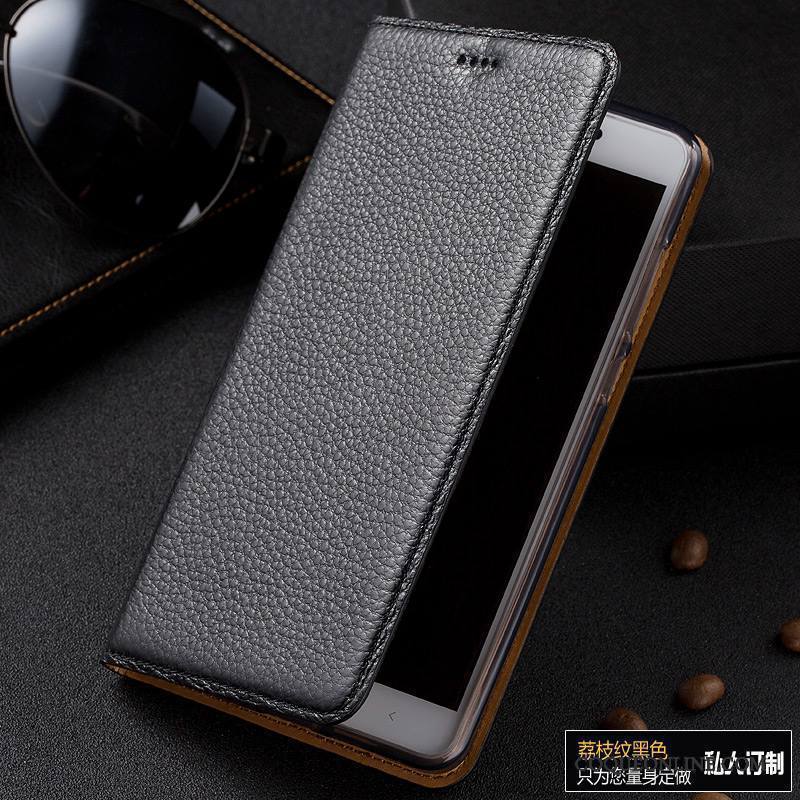 Htc One A9 Coque Étui Housse Protection Cuir Véritable Étui En Cuir Litchi Noir