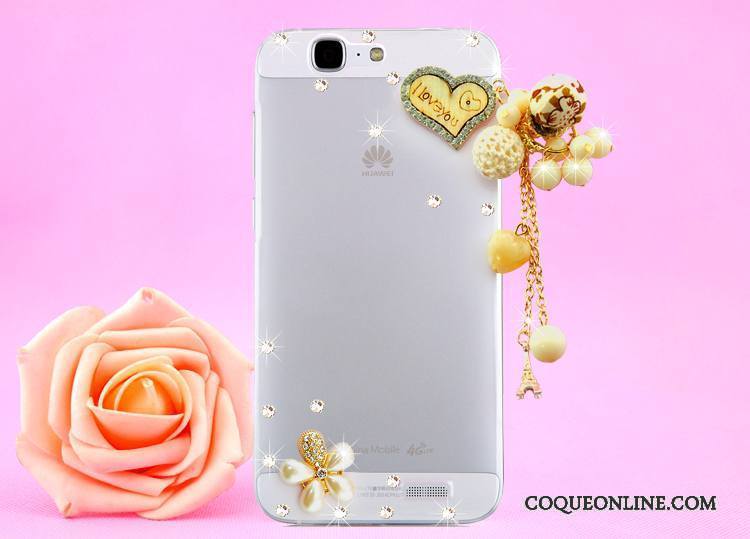 Huawei Ascend G7 Or Coque De Téléphone Étui Transparent Protection Strass Cou Suspendu