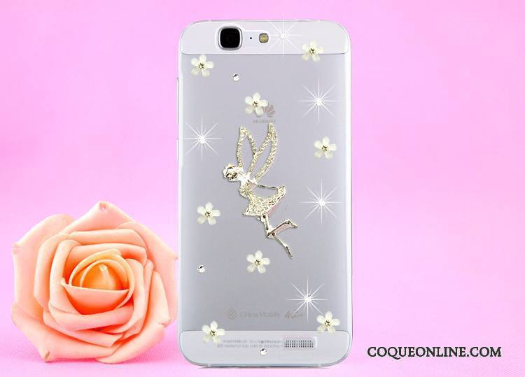 Huawei Ascend G7 Or Coque De Téléphone Étui Transparent Protection Strass Cou Suspendu