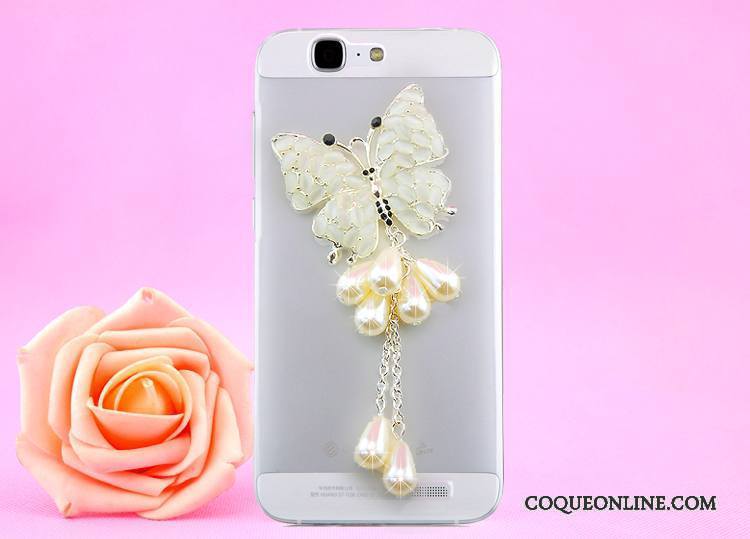 Huawei Ascend G7 Or Coque De Téléphone Étui Transparent Protection Strass Cou Suspendu