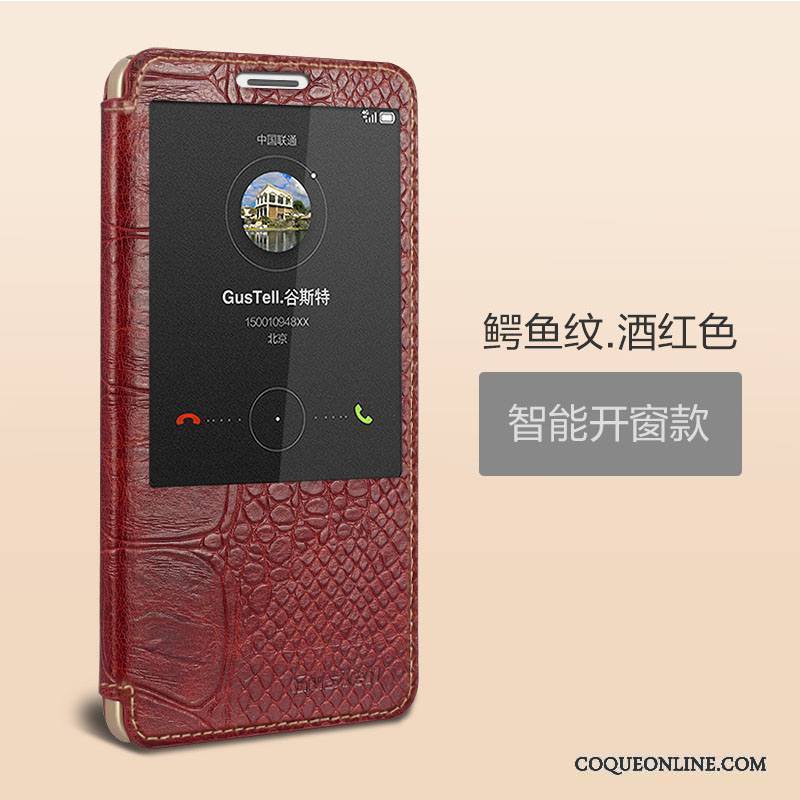 Huawei Ascend Mate 7 Dormance Protection Coque Vin Rouge Étui Cuir Véritable Téléphone Portable