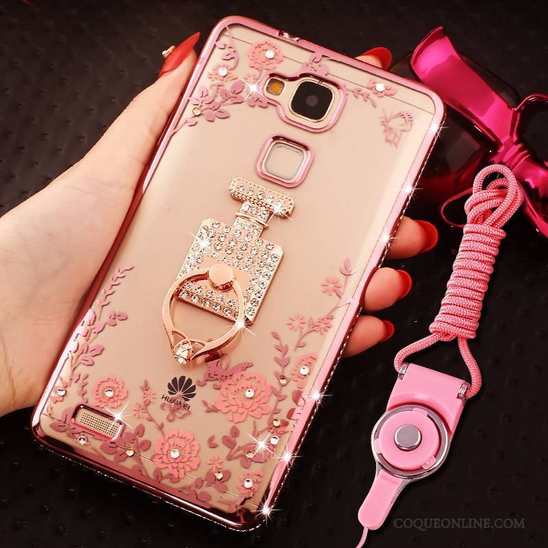 Huawei Ascend Mate 7 Strass Rose Silicone Étui Tout Compris Anneau Coque De Téléphone