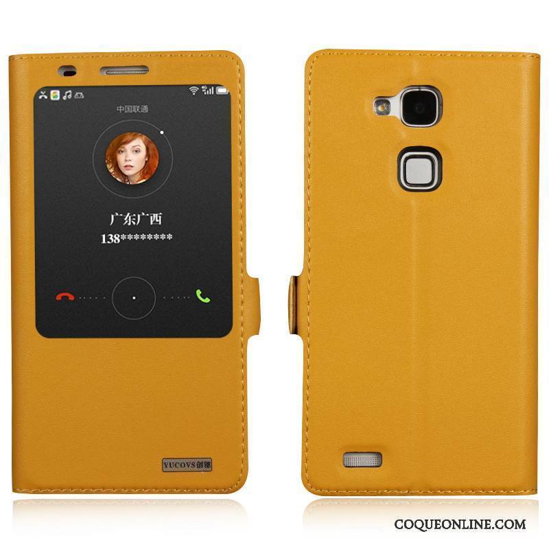 Huawei Ascend Mate 7 Téléphone Portable Coque De Téléphone Étui Protection Jaune Cuir Véritable Étui En Cuir