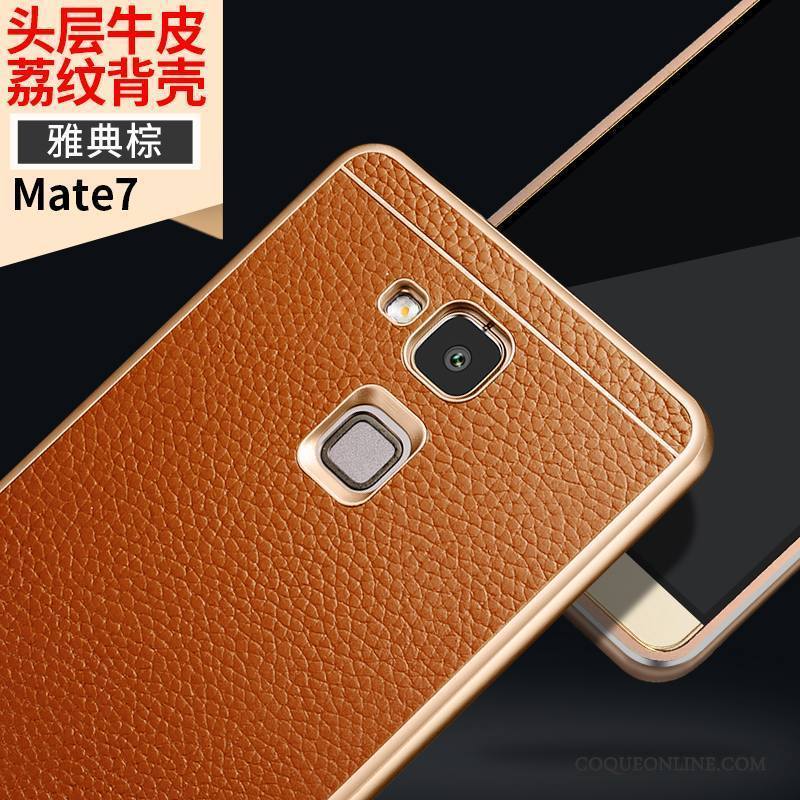 Huawei Ascend Mate 7 Étui Border Métal Marron Coque Étui En Cuir Incassable