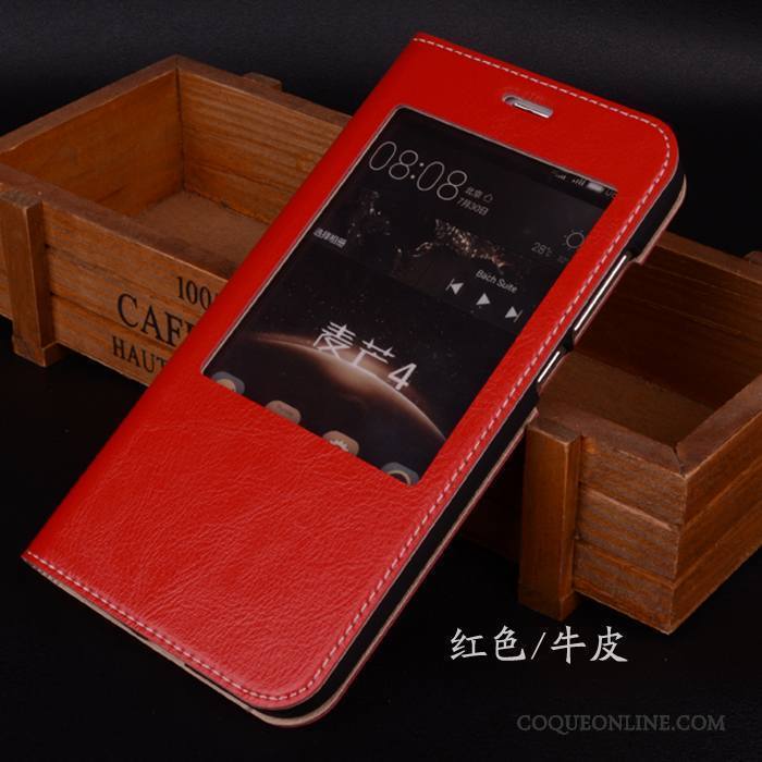 Huawei G7 Plus Clamshell Étui En Cuir Dormance Cuir Véritable Orange Coque De Téléphone Téléphone Portable