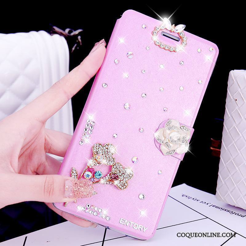 Huawei G7 Plus Coque De Téléphone Rose Incassable Étui Strass Étui En Cuir Clamshell