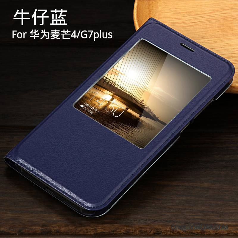 Huawei G7 Plus Étui En Cuir Clamshell Coque De Téléphone Bleu Denim Or Rose Protection